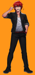 Rule 34 | 1boy, absurdres, ahoge, anger vein, belt, black footwear, black jacket, black pants, cain (gunnermul), collarbone, earrings, facing viewer, finger in ear, hair between eyes, hand in pocket, highres, jacket, jewelry, looking at viewer, male focus, open clothes, open jacket, open mouth, orange background, original, pants, red belt, red hair, school uniform, shirt, shirt tucked in, simple background, sleeves rolled up, solo, spoken anger vein, standing, v-neck, white shirt