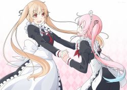 Rule 34 | 10s, 2girls, baseu, blue hair, brown eyes, gradient hair, holding hands, harusame (kancolle), kantai collection, long hair, maid, multicolored hair, multiple girls, murasame (kancolle), pink hair, smile, twintails