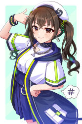 Rule 34 | 1girl, beret, black hair, blue skirt, blush, bracelet, breasts, chain necklace, clothing cutout, ear piercing, earrings, finger gun, finger gun to head, hand on own hip, hat, headset, highres, idolmaster, idolmaster cinderella girls, idolmaster cinderella girls starlight stage, jewelry, looking at viewer, medium breasts, mole, mole under eye, necklace, piercing, sakura ran, sharp sign, shoulder cutout, simple background, skirt, smile, solo, speech bubble, sunazuka akira, twintails