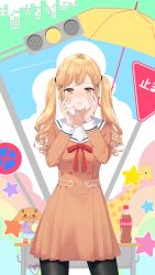 Rule 34 | 1girl, absurdres, bang dream!, black pantyhose, blonde hair, blush, bottle, breasts, brown dress, buttons, closed mouth, cola, commentary request, cowboy shot, doll, double-breasted, dress, giraffe, hair between eyes, hair ornament, hanasakigawa school uniform, hands on own face, highres, ichigaya arisa, large breasts, long hair, long sleeves, looking at viewer, melancholic (vocaloid), multicolored background, neck ribbon, nishinomiya suzu, nose blush, pantyhose, red ribbon, ribbon, road sign, sailor collar, sailor dress, school uniform, sidelocks, sign, solo, standing, star (symbol), stop sign, table, traffic light, twintails, umbrella, vocaloid, white sailor collar, x hair ornament, yellow eyes