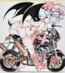 Rule 34 | 1girl, alternate costume, ass, bare shoulders, bat wings, bent over, blue hair, blush, boots, colorized, contemporary, female focus, garter straps, goggles, goggles on head, hat, heart, looking at viewer, motor vehicle, motorcycle, okiraku nikku, panties, red eyes, remilia scarlet, revealing clothes, shikishi, short hair, sketch, smile, solo, string panties, thighhighs, touhou, traditional media, underwear, vehicle, white panties, wings