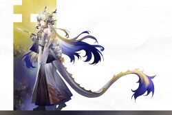 Rule 34 | 1girl, arknights, bare shoulders, beads, belt, black skirt, blonde hair, closed mouth, dragon girl, dragon horns, dragon tail, earrings, floating hair, full body, grey belt, grey eyes, grey hair, grey horns, grey jacket, grey skirt, grey tail, grey tube top, highres, holding, holding sword, holding weapon, horns, jacket, jewelry, layered skirt, light smile, long hair, long skirt, long sleeves, looking at viewer, making-of available, multicolored hair, necklace, off shoulder, open clothes, open jacket, pointy ears, procreate (medium), purple hair, purple horns, purple tail, shu (arknights), skirt, solo, standing, strapless, sword, tail, tube top, umie (iowae), video thumbnail, weapon, white background, yellow horns, yellow tail