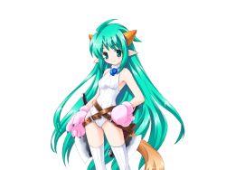 Rule 34 | 1girl, :3, alice soft, animal hands, axe, breasts, cat paws, female focus, galzoo island, green eyes, green hair, horns, leotard, long hair, matching hair/eyes, mutsumi masato, pointy ears, simple background, solo, tail, thighhighs, weapon, white background, yama no sachi
