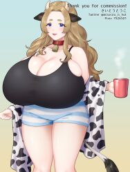 Rule 34 | 1girl, animal ears, animal print, bare shoulders, black shirt, blue eyes, breasts, bursting breasts, cleavage, commission, cow ears, cow girl, cow horns, cow print, cow tail, cowbell, english text, eyelashes, female focus, highres, horns, huge breasts, legs, light brown hair, long hair, looking at viewer, open mouth, original, pale skin, saitou touko, shirt, shorts, solo, striped clothes, striped shorts, tail