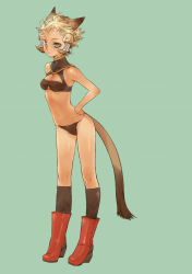 Rule 34 | 00s, 1girl, animal ears, bad id, bad tumblr id, bare shoulders, black socks, blonde hair, boots, bra, branch (blackrabbits), breasts, cat ears, cat girl, cat tail, cleavage, final fantasy, final fantasy xi, full body, green background, green eyes, hands on own hips, high heel boots, high heels, medium breasts, messy hair, mithra (ff11), navel, panties, short hair, simple background, socks, solo, tail, tan, underwear, underwear only
