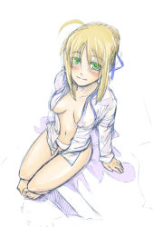 Rule 34 | 00s, 1girl, ahoge, artoria pendragon (fate), barefoot, blonde hair, blouse, blush, breasts, fate/stay night, fate (series), from above, green eyes, hair ribbon, no bra, open clothes, open shirt, panties, ribbon, saber (fate), shindol, shirt, sitting, sketch, smile, solo, underwear