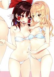 Rule 34 | 2girls, :d, arm around shoulder, bandeau, bare arms, bare shoulders, bikini, blonde hair, blush, bow, braid, breasts, brown hair, cleavage, collarbone, cowboy shot, eye contact, frilled bow, frills, hair between eyes, hair bow, hair tubes, hakurei reimu, head tilt, highres, kirisame marisa, long hair, looking at another, mirei, multiple girls, nail polish, navel, no headwear, no headwear, open mouth, parted lips, pink nails, red bow, red eyes, ribbon-trimmed bow, sidelocks, simple background, single braid, small breasts, smile, standing, stomach, swimsuit, touhou, translation request, white background, white bikini, white bow, yellow eyes