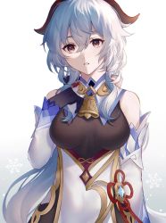 Rule 34 | 1girl, bare shoulders, bell, black bodysuit, blue gloves, blue hair, bodice, bodysuit, breasts, chinese knot, cowbell, curled horns, detached sleeves, eyelashes, flower knot, ganyu (genshin impact), genshin impact, gloves, goat horns, gradient background, hair between eyes, highres, horns, large breasts, long hair, long sleeves, looking at viewer, open mouth, parted lips, purple eyes, red horns, shin (mac no), sidelocks, snowflakes, solo, vision (genshin impact), wide sleeves