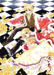 Rule 34 | 1boy, 1girl, aku no musume (vocaloid), allen avadonia, bad id, bad pixiv id, blonde hair, blue eyes, brother and sister, cape, crown, dress, evillious nendaiki, flower, formal, hair ornament, hairclip, kagamine len, kagamine rin, lying, m-ca, mca (dessert candy), on side, riliane lucifen d&#039;autriche, siblings, sitting, smile, twins, vocaloid