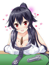 Rule 34 | 10s, 1girl, :3, black hair, blush, breasts, chocolate banana, chocolate on body, chocolate on breasts, fang, gloves, heart, kantai collection, kyamu (qqea92z9n), large breasts, long hair, looking at viewer, open mouth, ponytail, red eyes, rensouhou-chan, sex toy, sexually suggestive, solo, turret, vibrator, yahagi (kancolle)