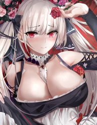 Rule 34 | 1girl, azur lane, bare shoulders, between breasts, black dress, blush, breasts, cleavage, dress, earrings, formidable (azur lane), frilled dress, frills, grey hair, hair ornament, hair ribbon, hand up, jewelry, large breasts, long hair, long sleeves, looking at viewer, misaka 12003-gou, red eyes, ribbon, rigging, solo, twintails