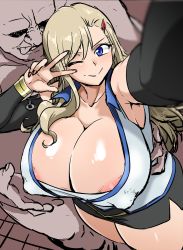 Rule 34 | 1boy, 1girl, ahemaru, areola slip, blonde hair, blue eyes, blush, breasts, covered erect nipples, eden&#039;s zero, fat, fat man, from above, hair ornament, hairpin, hand on another&#039;s hip, henriiku (ahemaru), highres, huge breasts, licking lips, looking at viewer, miniskirt, peace symbol, rebecca bluegarden, selfie, skirt, smile, thick thighs, thighs, tongue, tongue out