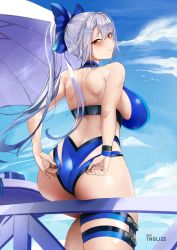 Rule 34 | 1girl, adjusting clothes, adjusting swimsuit, ass, bare shoulders, blue bow, blue one-piece swimsuit, blush, bow, breasts, brown eyes, competition swimsuit, day, fate/grand order, fate (series), hair between eyes, hair bow, highleg, highleg swimsuit, highres, large breasts, long hair, looking at viewer, one-piece swimsuit, outdoors, pixiv username, ponytail, silver hair, sitting, solo, swimsuit, thigh strap, thighs, tnolize, tomoe gozen (fate), tomoe gozen (swimsuit saber) (fate), tomoe gozen (swimsuit saber) (first ascension) (fate), two-tone swimsuit