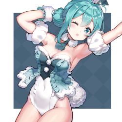Rule 34 | 1girl, absurdres, animal ears, aqua eyes, aqua hair, armpits, arms up, bare shoulders, bicute bunnies miku, breasts, rabbit ears, collar, commentary request, covered navel, cowboy shot, double bun, hair between eyes, hatsune miku, hatsune miku graphy collection, highres, korean commentary, leotard, lim jaejin, medium breasts, short necktie, no legwear, one eye closed, open mouth, sidelocks, solo, strapless, strapless leotard, vocaloid