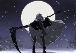 Rule 34 | 1girl, ankle boots, backlighting, benbe, boots, cloak, fate (series), full body, full moon, fur collar, gray (fate), green eyes, grey hair, grey skirt, highres, hood, hood up, jersey, jitome, legs apart, looking at viewer, lord el-melloi ii case files, moon, motion blur, parody, plaid, plaid skirt, ruby rose, rwby, scythe, sketch, skirt, snowing, solo, standing, style parody, thighhighs, weapon connection, zettai ryouiki