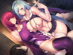 Rule 34 | 1boy, 2girls, bath, bathroom, bikini, bisexual female, breasts, brynhildr (cheer for master) (fate), brynhildr (fate), cheerleader, competition swimsuit, cooperative grinding, covered erect nipples, crop top, cum, curtains, elbow gloves, fate/grand order, fate (series), gloves, grinding, indoors, intercrural sex, long hair, lun7732, micro bikini, microskirt, multiple girls, navel, necktie, one-piece swimsuit, penis, pleated skirt, purple hair, red eyes, sandwiched, scathach (fate), skirt, smile, swimsuit, thigh sex, very long hair