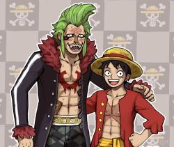 Rule 34 | 2boys, :d, bartolomeo, belt, black hair, blush, coat, commentary, embarrassed, emlan, english commentary, fangs, green hair, grey coat, hand on own hip, hat, height difference, hover hand, long sleeves, looking at viewer, male focus, monkey d. luffy, multiple boys, navel, nose piercing, nose ring, one piece, open clothes, open coat, open mouth, pants, piercing, sanpaku, sash, scar, scar on chest, sharp teeth, topless male, skull and crossbones, smile, straw hat, teeth, upper teeth only