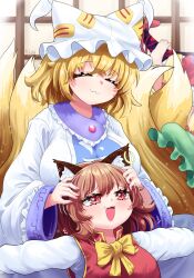 Rule 34 | 3girls, :3, animal ear fluff, animal ear piercing, animal ears, animal hat, barefoot, blonde hair, blue tabard, blurry, blush, bow, breasts, brown hair, cat ears, cat girl, chen, closed eyes, commentary, depth of field, earrings, english commentary, fang, feet, fox ears, fox girl, fox tail, gap (touhou), green hat, hat, heart, heart in eye, highres, jewelry, kitsune, large breasts, light particles, long sleeves, mob cap, multiple girls, multiple tails, open mouth, outstretched arms, petting, red eyes, rion (user ufvg8527), short hair, shouji, signature, single earring, sitting, sitting on lap, sitting on person, sliding doors, smile, spread arms, symbol in eye, tabard, tail, touhou, unworn hat, unworn headwear, yakumo ran, yakumo yukari, yellow bow