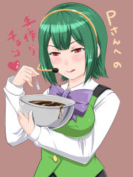 Rule 34 | 1girl, bow, breasts, chocolate, drugs, female focus, green hair, headset, heart, idolmaster, idolmaster (classic), large breasts, mole, mole under mouth, otonashi kotori, pill, red eyes, short hair, shougi (116), simple background, solo, tongue, translation request, vest