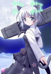 Rule 34 | 00s, 1girl, animal ears, bad id, bad pixiv id, black pantyhose, cat ears, flying, hirschgeweih antennas, pantyhose, rocket launcher, sanya v. litvyak, shiumai, short hair, silver hair, skirt, solo, strike witches, striker unit, tail, weapon, world witches series