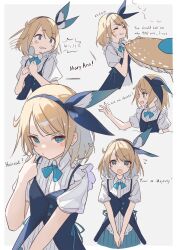 Rule 34 | 1girl, alice (alice in wonderland), alice in wonderland, blonde hair, blue eyes, blue hairband, closed eyes, collared shirt, english text, flying sweatdrops, french text, hairband, highres, looking at viewer, multiple views, pleated skirt, shirt, short sleeves, skirt, turning head, upper body, v arms, wakuseiy, white shirt