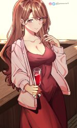 Rule 34 | 1girl, absurdres, artist name, breasts, brown hair, cleavage, collarbone, counter, cowboy shot, cup, dress, drinking glass, earrings, hand up, highres, holding, holding cup, jacket, jewelry, knowname, large breasts, long hair, looking at viewer, mature female, oshi no ko, pink jacket, pink nails, red dress, red eyes, saitou miyako, solo, wine glass