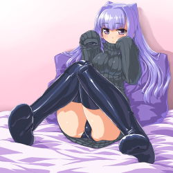 10s 1girl bad_id bad_pixiv_id black_panties black_thighhighs breasts busou_shinki dd_(ijigendd) doll_joints feet female_focus highres joints light_smile long_hair panties pillow purple_eyes purple_hair ribbed_sweater sharatang_(busou_shinki) solo sweater thighhighs thighs turtleneck underwear