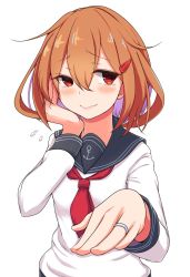 Rule 34 | 1girl, anchor, anchor symbol, blue sailor collar, blush, brown eyes, brown hair, fang, flying sweatdrops, hair ornament, hairclip, highres, ikazuchi (kancolle), jewelry, kantai collection, lips, long sleeves, myht, red neckwear, ring, sailor collar, school uniform, serafuku, simple background, smile, solo, tears, upper body, wedding band, white background