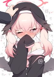 Rule 34 | 1girl, absurdres, black headwear, black shirt, blue archive, blush, commentary, covering own mouth, halo, hand on another&#039;s head, hat, head wings, headpat, highres, koharu (blue archive), medium hair, mg pong, one eye closed, pink eyes, pink hair, sensei (blue archive), shirt, short hair, simple background, sleeves past fingers, sleeves past wrists, solo focus, twintails, white background, wings