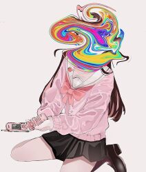 Rule 34 | 1girl, black footwear, black skirt, bow, bowtie, brown hair, cellphone, commentary request, flip phone, glitch, grey background, hanataro (sruvhqkehy1zied), highres, holding, holding phone, long hair, multicolored hair, original, phone, pink bow, pink bowtie, pink hair, sailor collar, school uniform, shoes, simple background, sitting, skirt, solo, white sailor collar