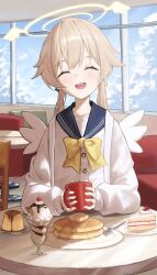 Rule 34 | 1girl, blue archive, blush, cake, cake slice, chair, closed mouth, cup, food, fork, halo, hifumi (blue archive), highres, holding, holding cup, indoors, light brown hair, long hair, long sleeves, mansu (user pnmp4287), mini wings, open mouth, pancake, pudding, smile, solo, table, teeth, upper teeth only, white wings, window, wings