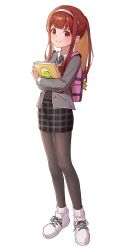 1girl absurdres backpack bag black_necktie black_pantyhose blazer blunt_bangs book cabbage_(chlehd2239) chupacabra_(idolmaster) closed_mouth collar dot_nose full_body grey_jacket hairband highres holding holding_book idolmaster idolmaster_million_live! idolmaster_million_live!_theater_days jacket light_blush light_smile long_hair looking_at_viewer miniskirt necktie official_alternate_hairstyle pantyhose plaid_clothes plaid_skirt ponytail red_eyes red_hair school_bag school_uniform sidelocks simple_background skirt socks solo straight_hair tanaka_kotoha white_background white_collar white_footwear white_hairband white_socks