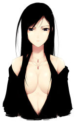 Rule 34 | 00s, 1girl, bare shoulders, black hair, breasts, breasts apart, clothing cutout, cropped torso, expressionless, face, female focus, jewelry, kyo (kuroichigo), looking at viewer, maria-sama ga miteru, necklace, off shoulder, ogasawara sachiko, shoulder cutout, simple background, solo, tsurime, white background