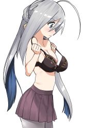 Rule 34 | 10s, 1girl, ahoge, arched back, black bra, blush, bra, breasts, cowboy shot, from side, grey eyes, grey hair, grey pantyhose, hair between eyes, highres, kantai collection, kiyoshimo (kancolle), long hair, looking down, low twintails, miniskirt, multicolored hair, nipples, oversized breast cup, oversized clothes, pantyhose, pleated skirt, purple pantyhose, shayoo, skirt, small breasts, solo, twintails, two-tone hair, underwear, very long hair