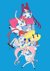Rule 34 | 6+girls, arm up, black footwear, blonde hair, blue background, blue hair, blunt bangs, closed eyes, eyes visible through hair, hand up, highres, inata17ta, index finger raised, long hair, looking at viewer, multiple girls, one eye closed, open mouth, original, outstretched arms, pink eyes, pink hair, pleated skirt, purple eyes, red hair, sailor collar, shirt, shoes, simple background, skirt, socks, star (symbol), tongue, tongue out, twintails, very long hair, white legwear, white sailor collar, white shirt, white skirt, yellow eyes