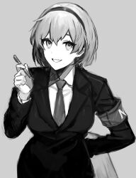 Rule 34 | 1girl, ap5ry, arm behind back, armband, collared shirt, formal, greyscale, grin, hairband, hand up, holding, holding pen, jacket, lobotomy corporation, looking at viewer, malkuth (project moon), monochrome, pen, project moon, shirt, short hair, sidelocks, smile, solo, suit, wing collar
