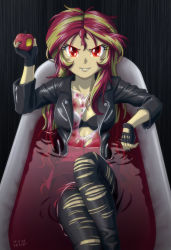Rule 34 | 1girl, bath, blood, bra, looking at viewer, my little pony, my little pony: equestria girls, my little pony: friendship is magic, open clothes, open shirt, personification, shirt, solo, sunset shimmer, underwear, uotapo, vampire