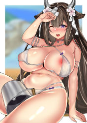 Rule 34 | 1girl, absurdres, animal ears, arm support, azur lane, bikini, blurry, blurry background, blush, breasts, brown hair, cleavage, collarbone, cow ears, cow girl, cow horns, flower, hair flower, hair ornament, highres, horns, huge breasts, kashino (azur lane), kashino (hot springs relaxation) (azur lane), last origin, long hair, looking at viewer, lumu yuanxiang, nipples, open mouth, puffy nipples, purple eyes, pussy, solo, swimsuit, white flower