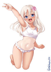 Rule 34 | 1girl, armpits, barefoot, bikini, bikini skirt, blonde hair, blue eyes, blush, breasts, clenched hand, collarbone, ebifurya, full body, hair over shoulder, hair ribbon, highres, kantai collection, kneeling, lips, long hair, navel, one-piece tan, open mouth, outstretched arm, pink ribbon, ribbon, ro-500 (kancolle), simple background, small breasts, smile, solo, stomach, swimsuit, tan, tanline, twitter username, v, white background, white bikini