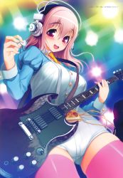 Rule 34 | 1girl, absurdres, blush, breasts, electric guitar, guitar, headphones, highres, instrument, large breasts, long hair, nitroplus, open mouth, pink hair, pink thighhighs, short shorts, shorts, smile, solo, super sonico, thighhighs, tsuji santa