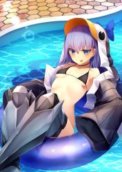 Rule 34 | 1girl, animal hood, armor, bare shoulders, black jacket, blue bow, blue eyes, blush, bow, breasts, closed mouth, collarbone, fate/grand order, fate (series), greaves, hair between eyes, highres, hood, innertube, jacket, koruta (nekoimo), long hair, long sleeves, looking at viewer, meltryllis, meltryllis (fate), meltryllis (swimsuit lancer) (fate), meltryllis (swimsuit lancer) (first ascension) (fate), penguin hood, pool, purple hair, sleeves past fingers, sleeves past wrists, small breasts, smile, solo, swim ring, thighs, tongue, tongue out, very long hair, water
