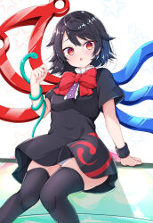 Rule 34 | 1girl, :o, arm support, asymmetrical wings, black dress, black hair, black thighhighs, blue wings, blush, breasts, commentary request, dress, houjuu nue, looking at viewer, medium breasts, red eyes, red wings, rururiaru, short hair, short sleeves, sitting, snake, solo, thighhighs, touhou, wings, zettai ryouiki