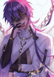 Rule 34 | 1boy, antenna hair, bishounen, black nails, blurry, chain, depth of field, head tilt, highres, jewelry, long hair, male focus, mozi0322, nail polish, nu carnival, purple hair, rin (nu carnival), ring, solo, tongue, tongue out, upper body