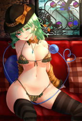 Rule 34 | 1girl, :p, alternate costume, bare shoulders, bikini, black thighhighs, blush, breasts, cleavage, detached collar, detached sleeves, doyouwantto, earrings, eyeball, front-tie top, green eyes, green hair, hat, heart, heart of string, highres, jewelry, komeiji koishi, large breasts, looking at viewer, matching hair/eyes, naughty face, navel, necklace, short hair, side-tie bikini bottom, sitting, smile, solo, striped clothes, striped thighhighs, swimsuit, thighhighs, third eye, tongue, tongue out, touhou