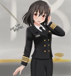 Rule 34 | 1girl, ame-san, black hair, black jacket, black necktie, black skirt, brown eyes, commentary request, dated, grey background, haguro (kancolle), hair ornament, highres, jacket, kantai collection, looking at viewer, military, military uniform, name tag, necktie, pencil skirt, short hair, skirt, solo, twitter username, uniform