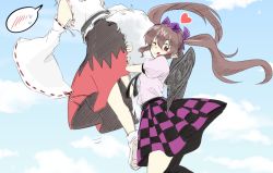 Rule 34 | 2girls, bad id, bad twitter id, blouse, brown eyes, brown hair, checkered clothes, checkered skirt, cloud, cloudy sky, day, detached sleeves, hair ribbon, hat, heart, himekaidou hatate, hug, hug from behind, hugging another&#039;s tail, inubashiri momiji, long hair, mana (gooney), multiple girls, neck ribbon, one eye closed, out of frame, puffy short sleeves, puffy sleeves, ribbon, shirt, shoes, short sleeves, skirt, sky, sleeves past wrists, socks, spoken blush, spoken sweatdrop, sweatdrop, tail, hugging tail, tokin hat, tongue, tongue out, touhou, twintails, wide sleeves, wings, wolf tail