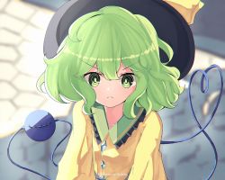 Rule 34 | 1girl, black hat, blouse, blurry, blurry background, bow, breasts, bright pupils, closed mouth, commentary, english commentary, eyeball, from above, frown, green eyes, green hair, hair between eyes, hat, hat bow, heart, heart of string, komeiji koishi, looking at viewer, medium hair, ponytail, sachisudesu, shirt, small breasts, solo, third eye, touhou, upper body, upset, v-shaped eyebrows, white pupils, yellow bow, yellow shirt