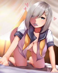 Rule 34 | 1girl, bedroom, blue eyes, blue sailor collar, blush, breasts, condom, condom in mouth, condom wrapper, eyes visible through hair, hair between eyes, hair ornament, hairclip, hamakaze (kancolle), highres, kantai collection, large breasts, looking at viewer, mouth hold, naked shirt, open clothes, sailor collar, shirt, short hair, silver hair, smile, solo, tadokoro nurikabe