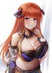 Rule 34 | 1girl, arknights, bagpipe (arknights), bagpipe (queen no. 1) (arknights), bare shoulders, black gloves, breasts, cleavage, crop top, fingerless gloves, gloves, grin, hand on own chest, highres, horns, large breasts, long hair, looking at viewer, midriff, navel, official alternate costume, onedr, orange hair, pouch, purple eyes, smile, solo, stomach, upper body, very long hair, white background