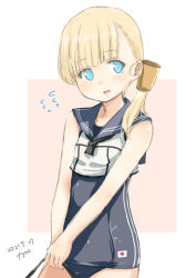 Rule 34 | 1girl, absurdres, artist logo, black neckerchief, black one-piece swimsuit, black sailor collar, blonde hair, blue eyes, blunt bangs, cosplay, cowboy shot, crop top, dated, flying sweatdrops, fyuo, hair ornament, hair over shoulder, highres, kantai collection, long hair, looking at viewer, neckerchief, one-hour drawing challenge, one-piece swimsuit, ro-500 (kancolle), ro-500 (kancolle) (cosplay), sailor collar, shin&#039;you (kancolle), solo, swimsuit, swimsuit under clothes
